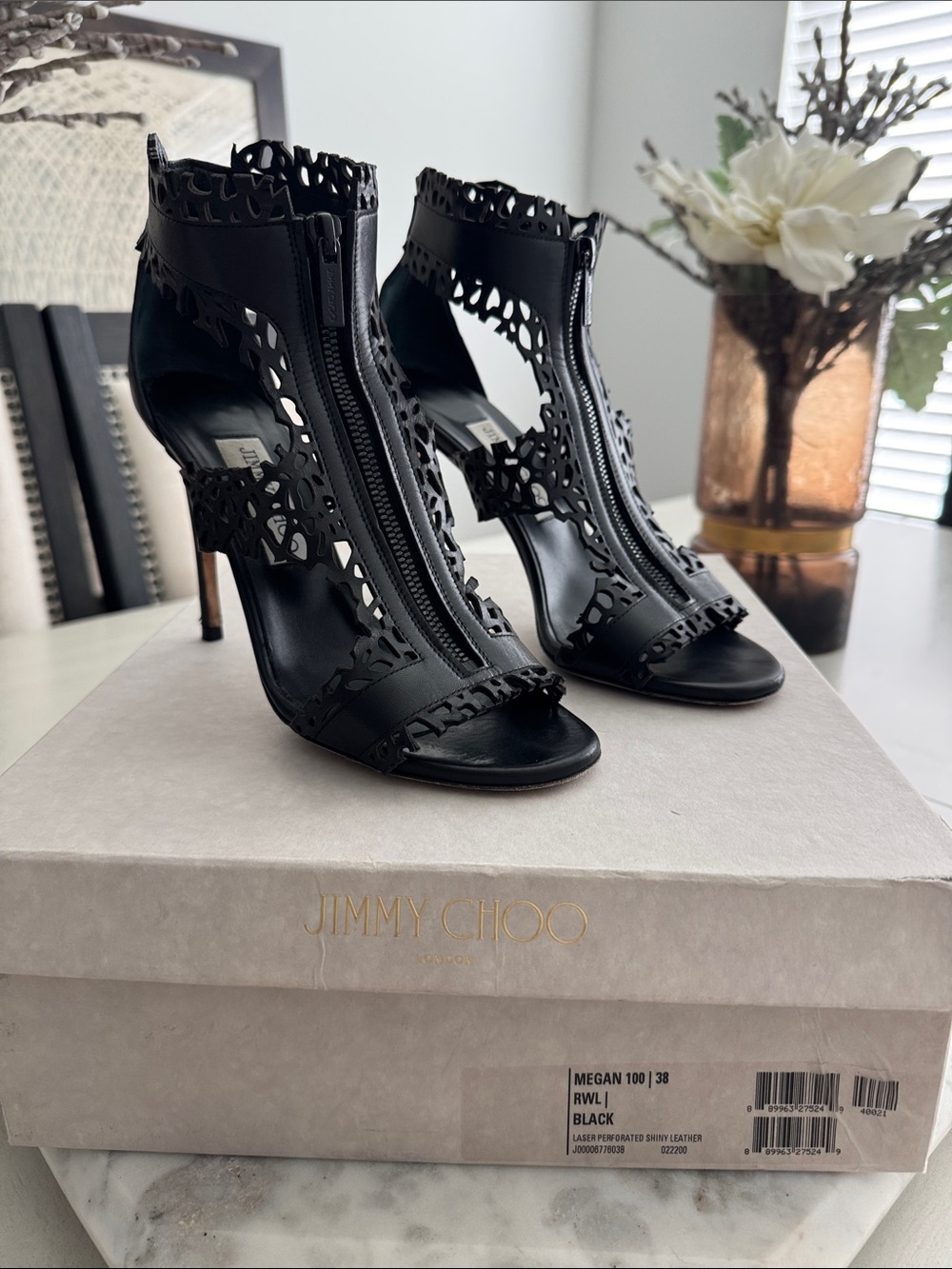 Jimmy Choo Black Laser-Cut Stiletto Zip Sandals